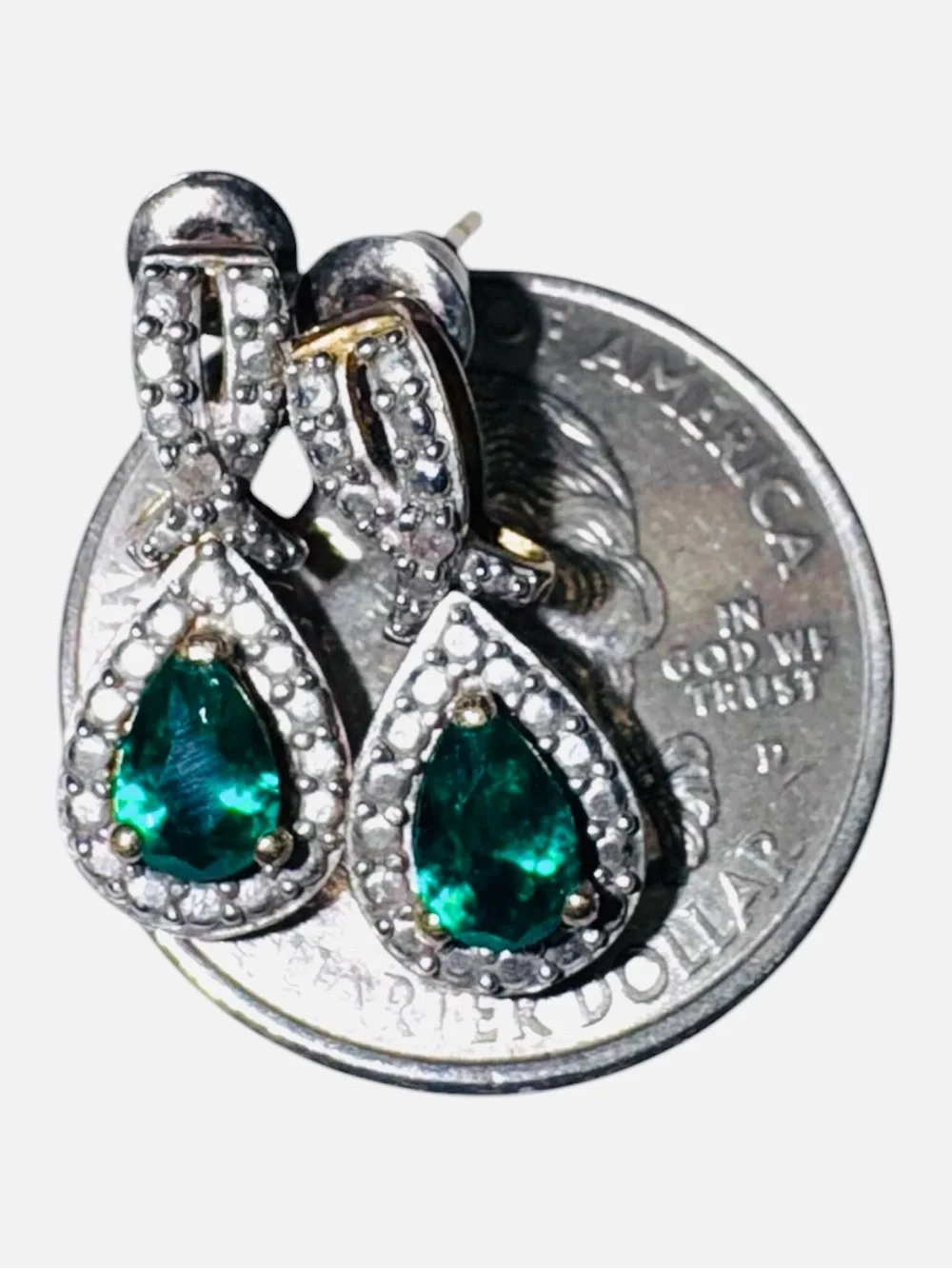 14k Plated Yellow Gold Tone Teardrop Lab Emerald Crystal Pendant & Earrings Set